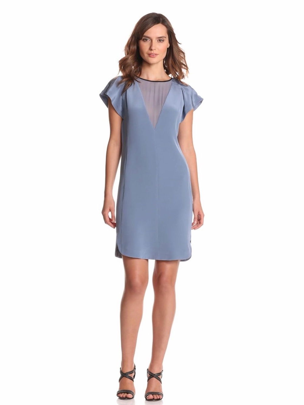 Rebecca Taylor Dusty Blue 100% Silk Mini Dress with Sheer V-Inset NWT